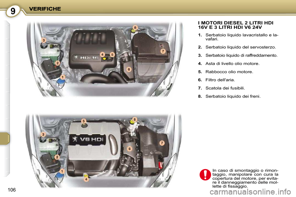 Peugeot 407 C 2009  Manuale del proprietario (in Italian) 9
106
 I MOTORI DIESEL 2 LITRI HDI 16V E 3 LITRI HDI V6 24V 
   
1. � �  �S�e�r�b�a�t�o�i�o� �l�i�q�u�i�d�o� �l�a�v�a�c�r�i�s�t�a�l�l�o� �e� �l�a�-
�v�a�f�a�r�i�.� 
  
2. � �  �S�e�r�b�a�t�o�i�o� �l�i