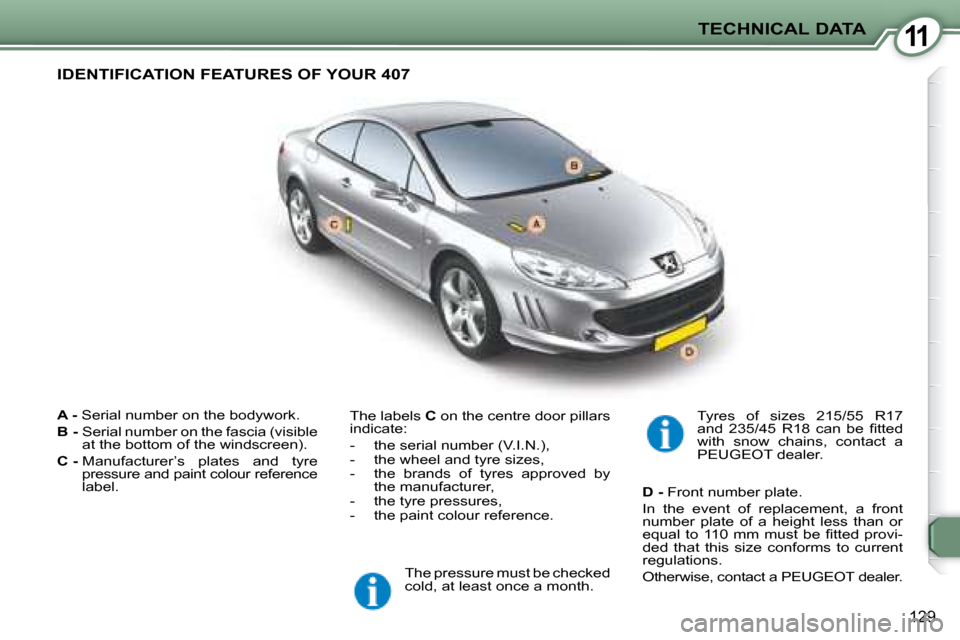 Peugeot 407 C 2008  Owners Manual 11
129
TECHNICAL DATA
  
A - � � �S�e�r�i�a�l� �n�u�m�b�e�r� �o�n� �t�h�e� �b�o�d�y�w�o�r�k�.� 
  
B - � � � �S�e�r�i�a�l� �n�u�m�b�e�r� �o�n� �t�h�e� �f�a�s�c�i�a� �(�v�i�s�i�b�l�e� 
�a�t� �t�h�e� �b