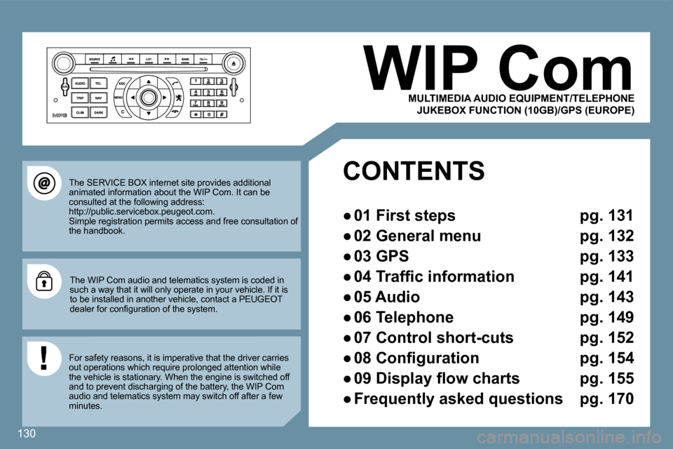 Peugeot 407 C 2008  Owners Manual 130
  JUKEBOX FUNCTION (10GB)/GPS (EUROPE) 
 The SERVICE BOX internet site provides additional animated information about the WIP Com. It can be consulted at the following address: http://public.servi