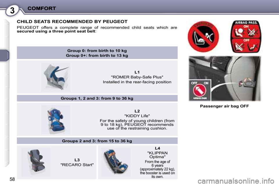 Peugeot 407 C 2008  Owners Manual 3
58
   Passenger air bag OFF   
 CHILD SEATS RECOMMENDED BY   PEUGEOT  
� � �P�E�U�G�E�O�T� �  �o�f�f�e�r�s�  �a�  �c�o�m�p�l�e�t�e�  �r�a�n�g�e�  �o�f�  �r�e�c�o�m�m�e�n�d�e�d�  �c�h�i�l�d�  �s�e�a�