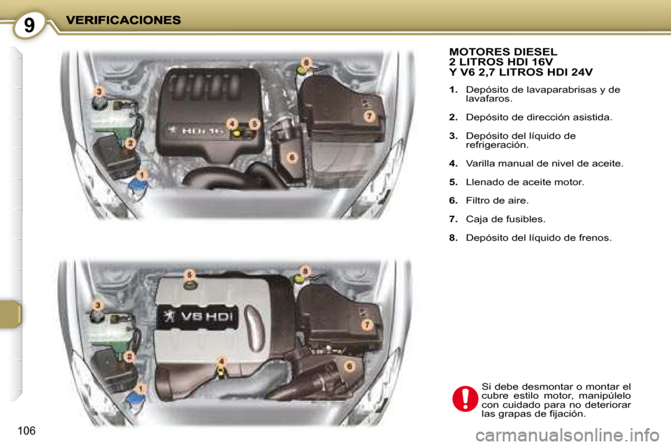 Peugeot 407 C 2008 Manual del propietario (in Spanish) 9
106
MOTORES DIESEL 2 LITROS HDI 16V Y V6 2,7 LITROS HDI 24V
1. Depósito de lavaparabrisas y de
lavafaros.
2. Depósito de dirección asistida.
3. Depósito del líquido de
Peugeot 407 C 2008 Manual del propietario (in Spanish) 9
106
MOTORES DIESEL 2 LITROS HDI 16V Y V6 2,7 LITROS HDI 24V
1. Depósito de lavaparabrisas y de
lavafaros.
2. Depósito de dirección asistida.
3. Depósito del líquido de