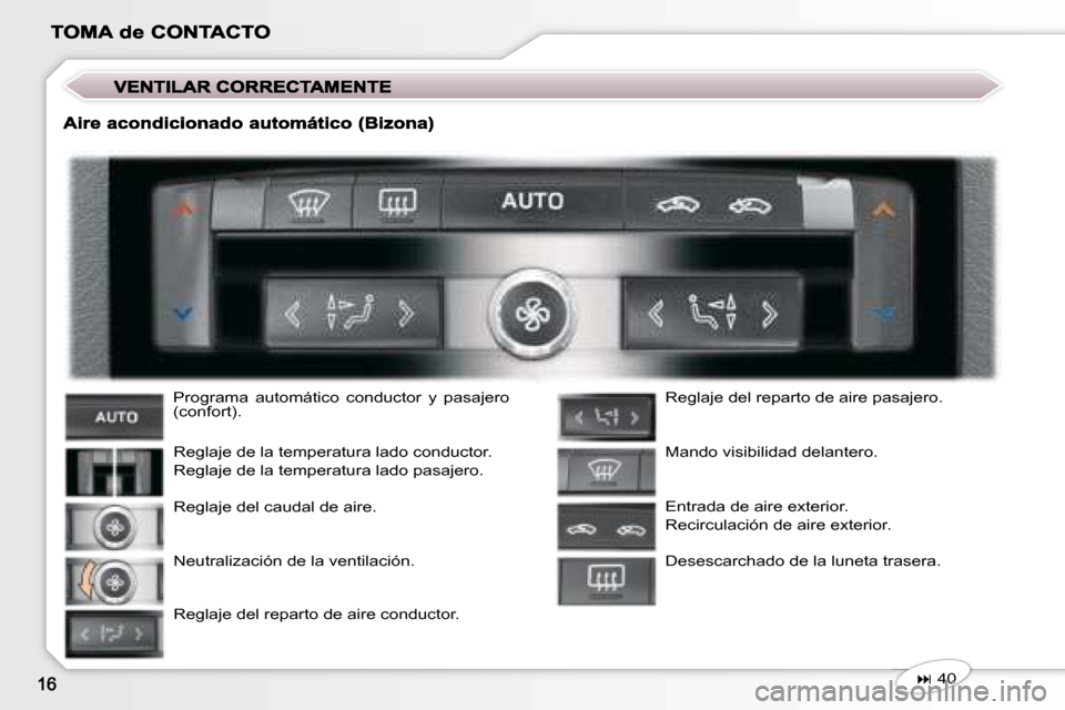 Peugeot 407 C 2008  Manual del propietario (in Spanish)  Programa  automático  conductor  y  pasajero  
(confort).  Reglaje de la temperatura lado conductor.  
 Reglaje de la temperatura lado pasajero.  
 Reglaje del caudal de aire.  
 Neutralización de 