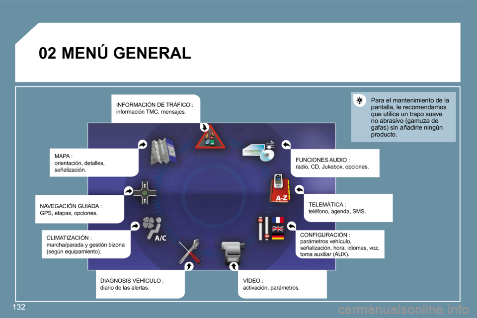 Peugeot 407 C 2008  Manual del propietario (in Spanish) �0�2
132
� �M�E�N�Ú� �G�E�N�E�R�A�L� 
 MAPA : orientación, detalles, señalización. 
 FUNCIONES AUDIO : radio, CD, Jukebox, opciones. 
 Para el mantenimiento de la pantalla, le recomendamos que uti