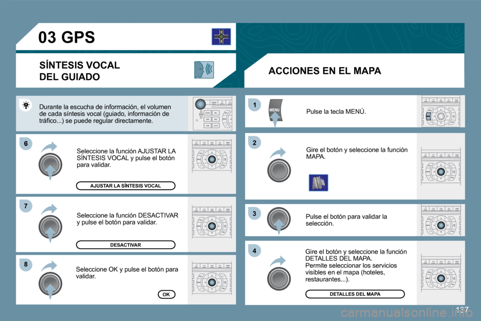 Peugeot 407 C 2008  Manual del propietario (in Spanish) �6
�8�8
11
�2�2
�3�3
�4�4
�7�7
�0�3
137
 Pulse la tecla MENÚ. 
 Gire el botón y seleccione la función MAPA. 
 Pulse el botón para validar la selección. 
 Gire el botón y seleccione la función D