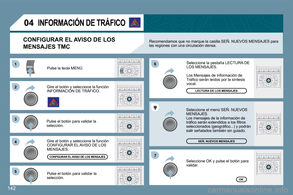 Peugeot 407 C 2008  Manual del propietario (in Spanish) 11
�2�2
�3�3
�4�4
�6�6
�5�5
�7�7
�0�4
142
 Gire el botón y seleccione la función CONFIGURAR EL AVISO DE LOS MENSAJES. 
 Seleccione la pestaña LECTURA DE LOS MENSAJES. 
 Los Mensajes de Información