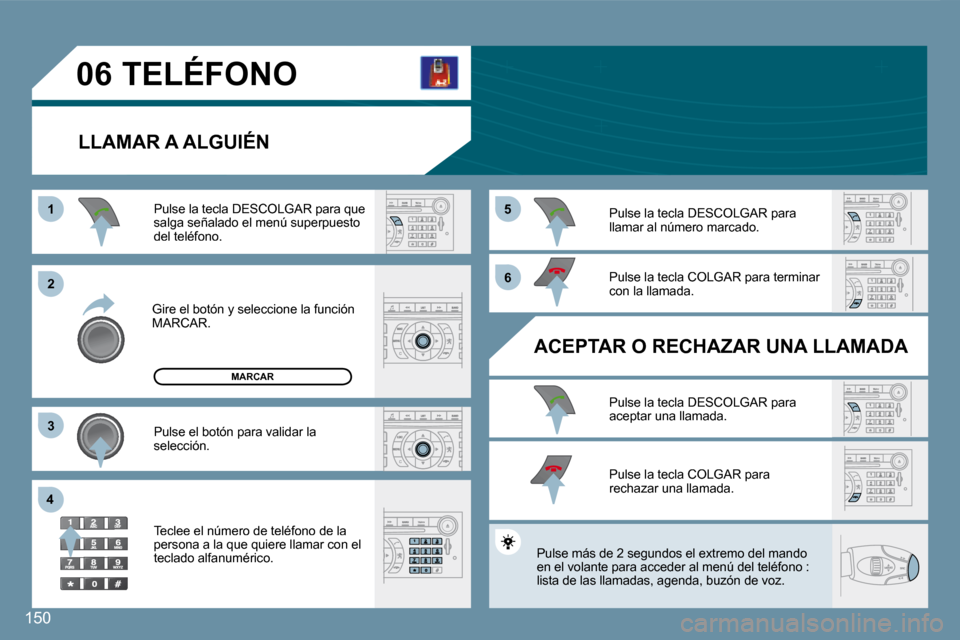 Peugeot 407 C 2008  Manual del propietario (in Spanish) 11
�2�2
�3�3
�4�4
�5�5
�6�6
�0�6
150
� �T�E�L�É�F�O�N�O� 
 Gire el botón y seleccione la función MARCAR. 
 Pulse la tecla DESCOLGAR para que salga señalado el menú superpuesto del teléfono. 
 Pu
