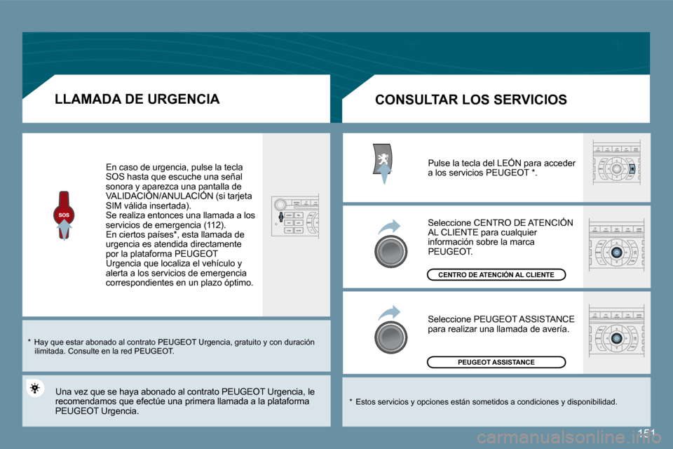 Peugeot 407 C 2008  Manual del propietario (in Spanish) 151
� � �L�L�A�M�A�D�A� �D�E� �U�R�G�E�N�C�I�A� 
 En caso de urgencia, pulse la tecla SOS hasta que escuche una señal sonora y aparezca una pantalla de VALIDACIÓN/ANULACIÓN (si tarjeta sonora y apa