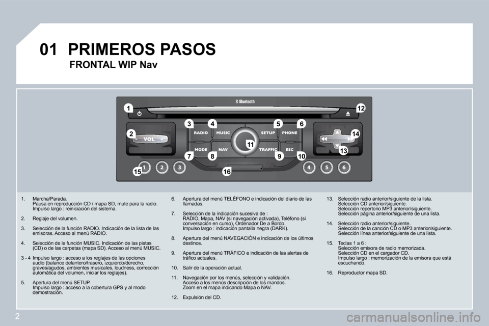 Peugeot 407 C 2008  Manual del propietario (in Spanish) 2
�1
�5
�1�0
�0�1
�2
�3�4�6
�1�4
�1�2
�9
�1�5�1�6
�7�8�1�3�1�1
   1.   Marcha/Parada.    Pausa en reproducción CD / mapa SD, mute para la r
adio.    Impulso largo : reiniciación del sistema. 
  2.  