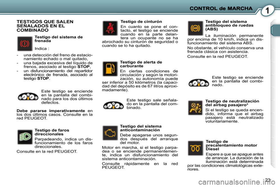 Peugeot 407 C 2008  Manual del propietario (in Spanish) 1
23
  Testigo del sistema de  
frenada  
 Indica : 
   -   una detección del freno de estacio- namiento echado o mal quitado, 
  -   una bajada excesiva del líquido de  frenos, asociado al testigo 