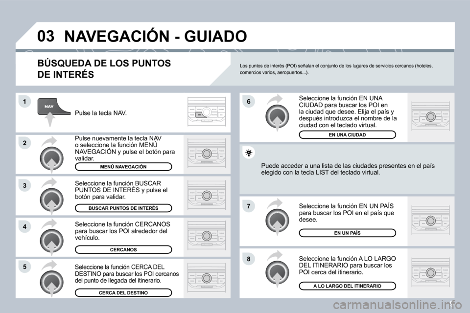 Peugeot 407 C 2008  Manual del propietario (in Spanish) 9
�0�3
�1
�2
�3
�4
�7
�8�5
�6
� �N�A�V�E�G�A�C�I�Ó�N� �-� �G�U�I�A�D�O� 
  BÚSQUEDA DE LOS PUNTOS 
DE INTERÉS 
 Pulse la tecla NAV. 
 Pulse nuevamente la tecla NAV o seleccione la función MENÚ NA