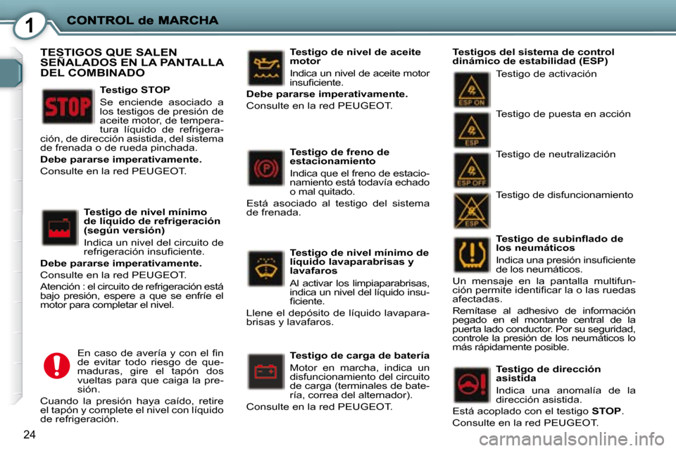 Peugeot 407 C 2008  Manual del propietario (in Spanish) 1
24
� � �T�e�s�t�i�g�o� �d�e� �s�u�b�i�n�ﬂ� �a�d�o� �d�e�  
los neumáticos  
� �I�n�d�i�c�a� �u�n�a� �p�r�e�s�i�ó�n� �i�n�s�u�ﬁ� �c�i�e�n�t�e�  
de los neumáticos. 
 Un  mensaje  en  la  panta