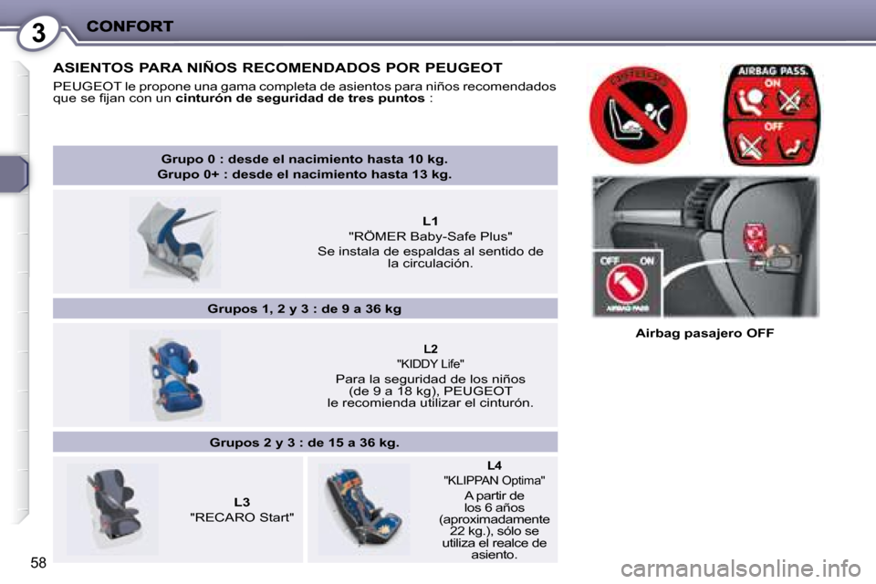 Peugeot 407 C 2008  Manual del propietario (in Spanish) 3
58
   Airbag pasajero OFF   
  ASIENTOS PARA NIÑOS RECOMENDADOS POR  PEUGEOT  
� � �P�E�U�G�E�O�T� � �l�e� �p�r�o�p�o�n�e� �u�n�a� �g�a�m�a� �c�o�m�p�l�e�t�a� �d�e� �a�s�i�e�n�t�o�s� �p�a�r�a� �n�i