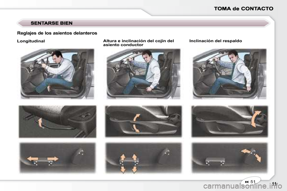 Peugeot 407 C 2008  Manual del propietario (in Spanish)   Altura e inclinación del cojín del  
asiento conductor    Inclinación del respaldo 
  Reglajes de los asientos delanteros 
   
� �    51 
    
  Longitudinal                 