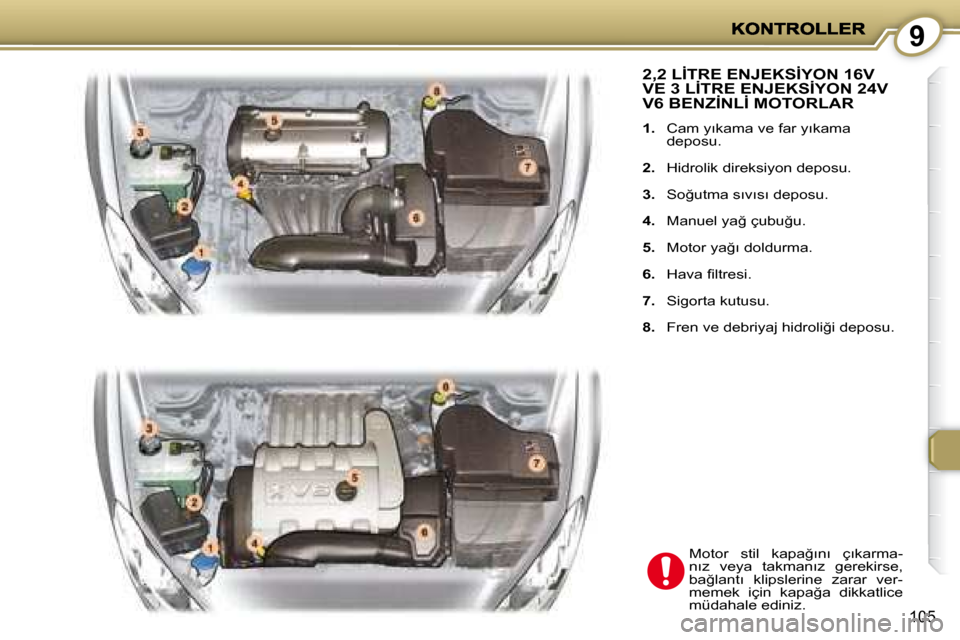 Peugeot 407 C 2008  Kullanım Kılavuzu (in Turkish) 9
105
� �2�,�2� �L�İ�T�R�E� �E�N�J�E�K�S�İ�Y�O�N� �1�6�V� �V�E� �3� �L�İ�T�R�E� �E�N�J�E�K�S�İ�Y�O�N� �2�4�V� � �2�,�2� �L�İ�T�R�E� �E�N�J�E�K�S�İ�Y�O�N� �1�6�V� � �2�,�2� �L�İ�T�R�E� �E�N�J�E�