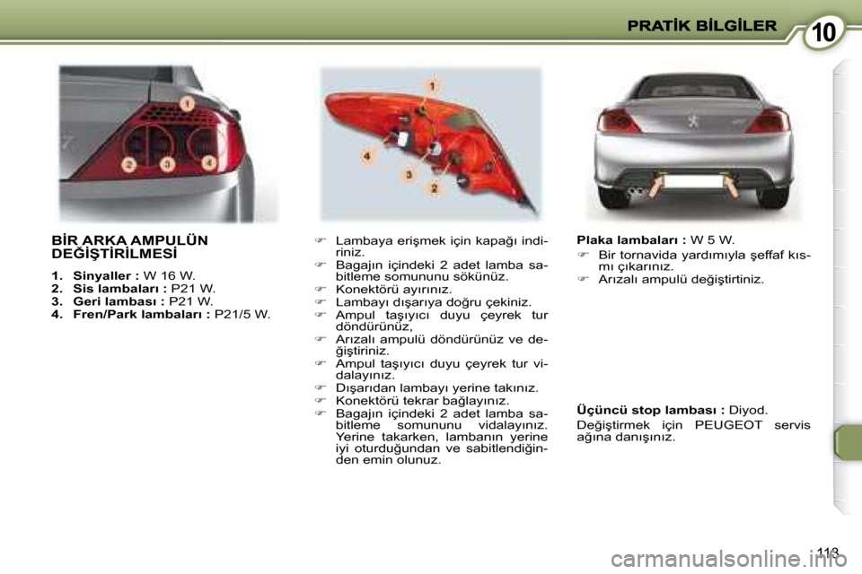 Peugeot 407 C 2008  Kullanım Kılavuzu (in Turkish) 1010
�1�1�3
� �B�İ�R� �A�R�K�A� �A�M�P�U�L�Ü�N� �D�E�Ğ�İ�Ş�T�İ�R�İ�L�M�E�S�İ� 
   
1.     �S�i�n�y�a�l�l�e�r� �: � � �W� �1�6� �W�.� 
  
2.     �S�i�s� �l�a�m�b�a�l�a�r�ı� �: � � �P�2�1� �W�.