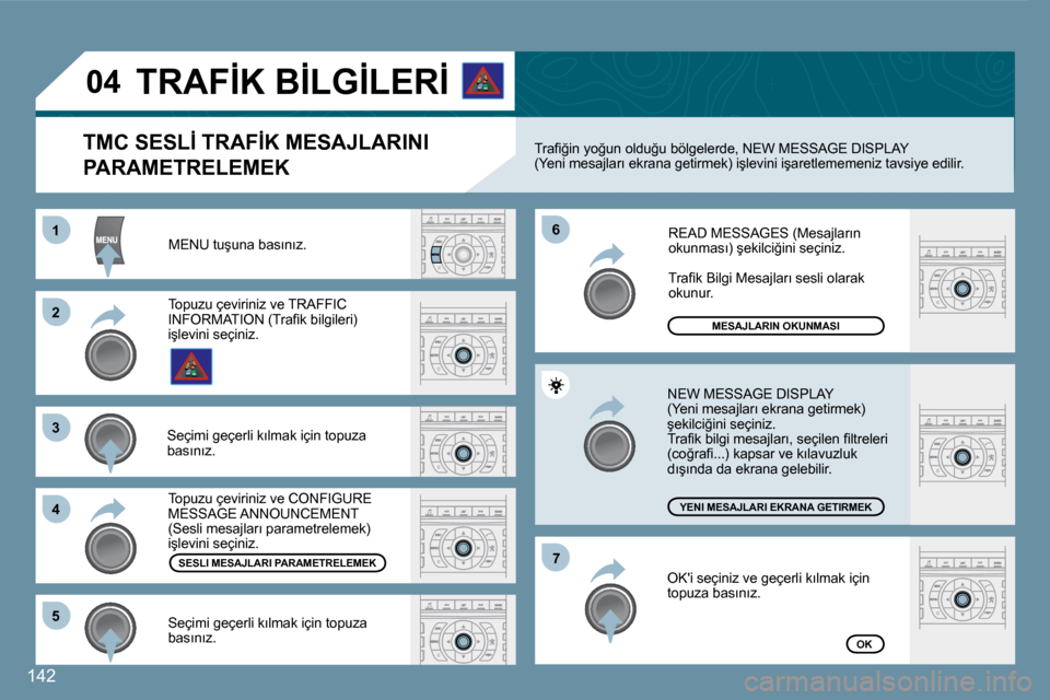 Peugeot 407 C 2008  Kullanım Kılavuzu (in Turkish) 11
�2�2
�3�3
�4�4
�6�6
�5�5
�7�7
�0�4
�1�4�2
� �T�o�p�u�z�u� �ç�e�v�i�r�i�n�i�z� �v�e� �C�O�N�F�I�G�U�R�E� �M�E�S�S�A�G�E� �A�N�N�O�U�N�C�E�M�E�N�T� �(�S�e�s�l�i� �m�e�s�a�j�l�a�r�ı� �p�a�r�a�m�e�t�