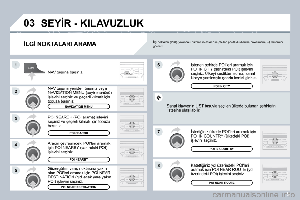Peugeot 407 C 2008  Kullanım Kılavuzu (in Turkish) 9
�0�3
�1
�2
�3
�4
�7
�8�5
�6
� �S�E�Y�İ�R� �-� �K�I�L�A�V�U�Z�L�U�K� 
� � �İ�L�G�İ� �N�O�K�T�A�L�A�R�I� �A�R�A�M�A� 
� �N�A�V� �t�u�ş�u�n�a� �b�a�s�ı�n�ı�z�.� 
� �N�A�V� �t�u�ş�u�n�a� �y�e�n�i
