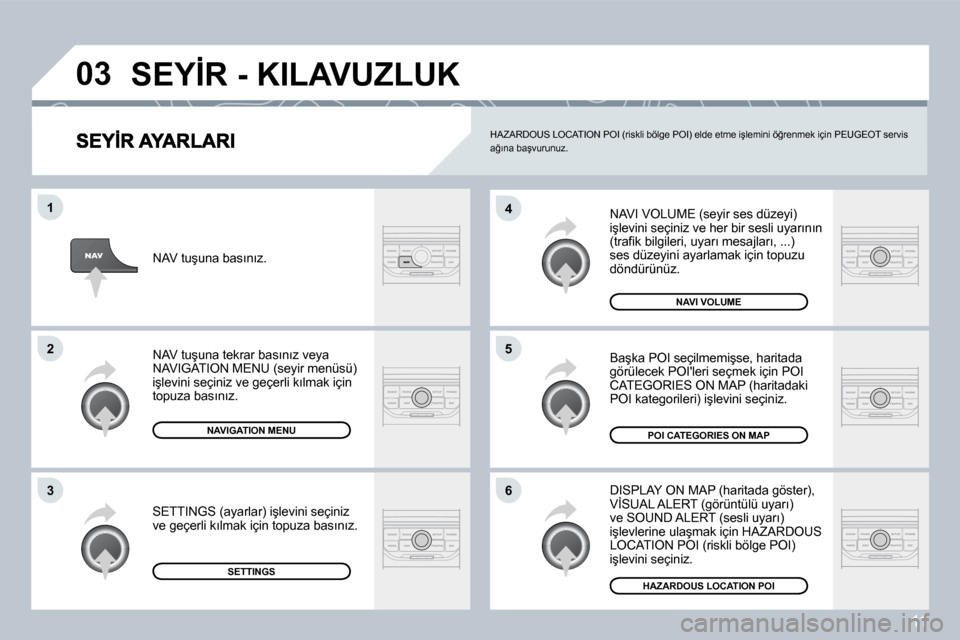Peugeot 407 C 2008  Kullanım Kılavuzu (in Turkish) 11
�0�3
�6
�4
�5
�1
�2
�3
� �N�A�V�I� �V�O�L�U�M�E� �(�s�e�y�i�r� �s�e�s� �d�ü�z�e�y�i�)� �i�ş�l�e�v�i�n�i� �s�e�ç�i�n�i�z� �v�e� �h�e�r� �b�i�r� �s�e�s�l�i� �u�y�a�r�ı�n�ı�n� �(�t�r�a�ﬁ� �k� �