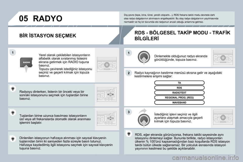 Peugeot 407 C 2008  Kullanım Kılavuzu (in Turkish) 13
�1�1
�2
�3
�0�5
� � �B�İ�R� �İ�S�T�A�S�Y�O�N� �S�E�Ç�M�E�K� 
� �D�i�n�l�e�m�e�k�t�e� �o�l�d�u�ğ�u�n�u�z� �r�a�d�y�o� �e�k�r�a�n�d�a� �g�ö�r�ü�l�d�ü�ğ�ü�n�d�e�,� �t�o�p�u�z�a� �b�a�s�ı�n�