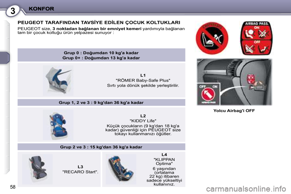 Peugeot 407 C 2008  Kullanım Kılavuzu (in Turkish) 3
�5�8
� � � �Y�o�l�c�u� �A�i�r�b�a�g��i� �O�F�F� � � 
� � � �P�E�U�G�E�O�T� � �T�A�R�A�F�I�N�D�A�N� �T�A�V�S�İ�Y�E� �E�D�İ�L�E�N� �Ç�O�C�U�K� �K�O�L�T�U�K�L�A�R�I� 
� � �P�E�U�G�E�O�T� � �s�i�z�e