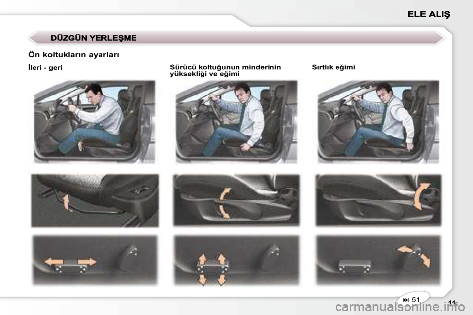 Peugeot 407 C 2008  Kullanım Kılavuzu (in Turkish) � � �S�ü�r�ü�c�ü� �k�o�l�t�u�ğ�u�n�u�n� �m�i�n�d�e�r�i�n�i�n�  
�y�ü�k�s�e�k�l�i�ğ�i� �v�e� �e�ğ�i�m�i� � � � �S�ı�r�t�l�ı�k� �e�ğ�i�m�i� 
� � �Ö�n� �k�o�l�t�u�k�l�a�r�ı�n� �a�y�a�r�l�a�r�