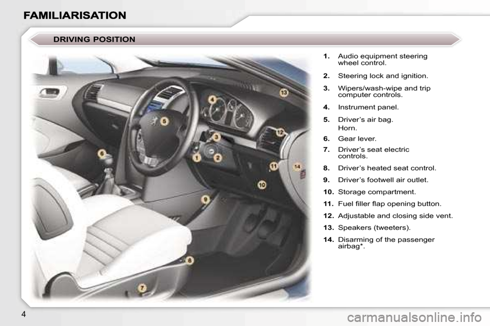 Peugeot 407 C 2007  Owners Manual �4
�1�.�  �A�u�d�i�o� �e�q�u�i�p�m�e�n�t� �s�t�e�e�r�i�n�g� 
�w�h�e�e�l� �c�o�n�t�r�o�l�.
�2�. �  �S�t�e�e�r�i�n�g� �l�o�c�k� �a�n�d� �i�g�n�i�t�i�o�n�.
�3�. �  �W�i�p�e�r�s�/�w�a�s�h�-�w�i�p�e� �a�n�