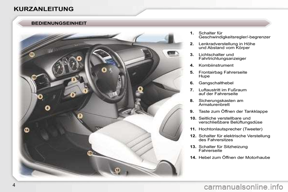 Peugeot 407 C 2007  Betriebsanleitung (in German) �4
�1�.�  �S�c�h�a�l�t�e�r� �f�ü�r� 
�G�e�s�c�h�w�i�n�d�i�g�k�e�i�t�s�r�e�g�l�e�r�/�-�b�e�g�r�e�n�z�e�r
�2�. �  �L�e�n�k�r�a�d�v�e�r�s�t�e�l�l�u�n�g� �i�n� �H�ö�h�e
�u�n�d� �A�b�s�t�a�n�d� �v�o�m� �