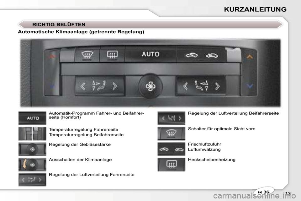 Peugeot 407 C 2007  Betriebsanleitung (in German) �1�3
�K�U�R�Z�A�N�L�E�I�T�U�N�G
�R�I�C�H�T�I�G� �B�E�L�Ü�F�T�E�N
�A�u�t�o�m�a�t�i�k�-�P�r�o�g�r�a�m�m� �F�a�h�r�e�r�-� �u�n�d� �B�e�i�f�a�h�r�e�r�- 
�s�e�i�t�e� �(�K�o�m�f�o�r�t�)�  
�T�e�m�p�e�r�a�t