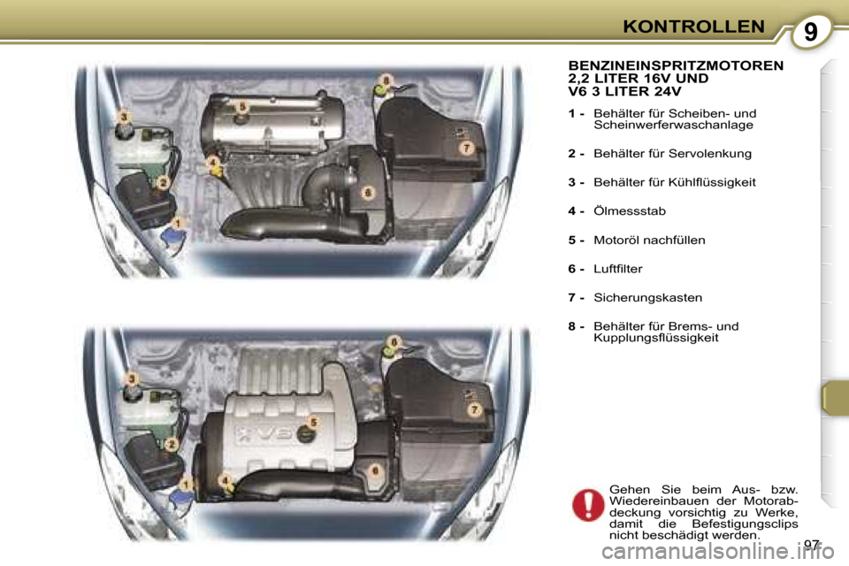 Peugeot 407 C 2007  Betriebsanleitung (in German) �9�K�O�N�T�R�O�L�L�E�N
�9�7
�B�E�N�Z�I�N�E�I�N�S�P�R�I�T�Z�M�O�T�O�R�E�N�  
�2�,�2� �L�I�T�E�R� �1�6�V� �U�N�D� 
�V�6� �3� �L�I�T�E�R� �2�4�V
�1� �-�  �B�e�h�ä�l�t�e�r� �f�ü�r� �S�c�h�e�i�b�e�n�-� �