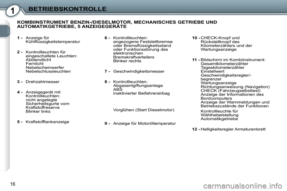 Peugeot 407 C 2007  Betriebsanleitung (in German) �1�B�E�T�R�I�E�B�S�K�O�N�T�R�O�L�L�E
�1�6
�1� �-�  �A�n�z�e�i�g�e� �f�ü�r� 
�K�ü�h�l�ﬂ�ü�s�s�i�g�k�e�i�t�s�t�e�m�p�e�r�a�t�u�r� 
�2� �-�  �K�o�n�t�r�o�l�l�l�e�u�c�h�t�e�n� �f�ü�r�  
�e�i�n�g�e�s
