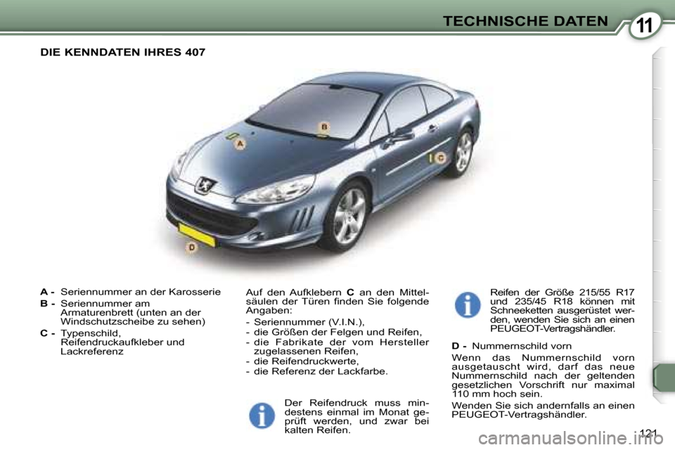 Peugeot 407 C 2007  Betriebsanleitung (in German) �1�1�T�E�C�H�N�I�S�C�H�E� �D�A�T�E�N
�1�2�1
�A� �-� �S�e�r�i�e�n�n�u�m�m�e�r� �a�n� �d�e�r� �K�a�r�o�s�s�e�r�i�e� 
�B� �-�  �S�e�r�i�e�n�n�u�m�m�e�r� �a�m�  
�A�r�m�a�t�u�r�e�n�b�r�e�t�t� �(�u�n�t�e�n