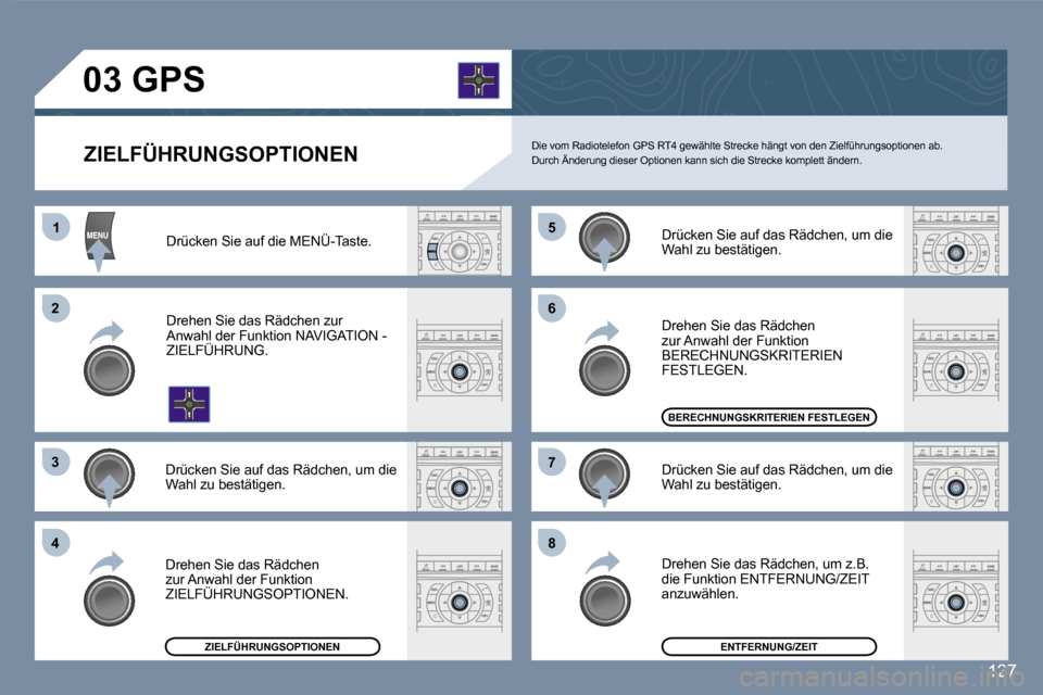 Peugeot 407 C 2007  Betriebsanleitung (in German) �1
�2 
�3 
�4 �5
�6 
�7 
�8
�1�2�7
�Z�I�E�L�F�Ü�H�R�U�N�G�S�O�P�T�I�O�N�E�N� 
�0�3� �G�P�S
�D�i�e� �v�o�m� �R�a�d�i�o�t�e�l�e�f�o�n� �G�P�S� �R�T�4� �g�e�w�ä�h�l�t�e� �S�t�r�e�c�k�e� �h�ä�n�g�t� �v