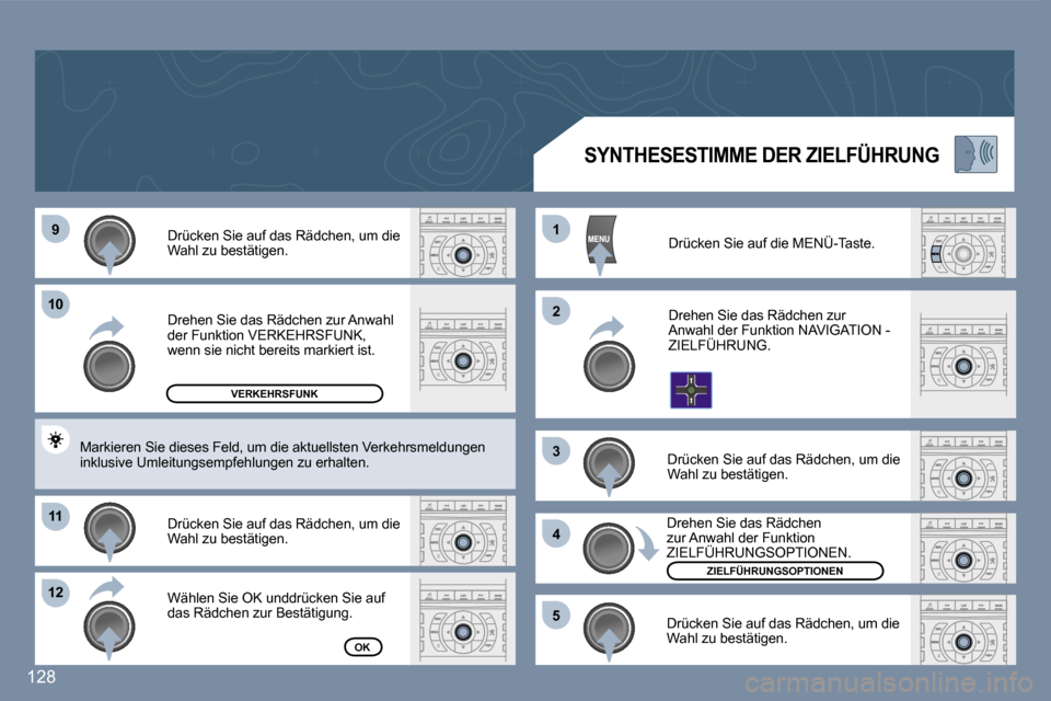 Peugeot 407 C 2007  Betriebsanleitung (in German) �9
�1�0
�1�1
�1�2 �1 
�2 
�3 
�4
�5
�1�2�8
�D�r�e�h�e�n� �S�i�e� �d�a�s� �R�ä�d�c�h�e�n� �z�u�r� �A�n�w�a�h�l�  
�d�e�r� �F�u�n�k�t�i�o�n� �V�E�R�K�E�H�R�S�F�U�N�K�,� 
�w�e�n�n� �s�i�e� �n�i�c�h�t� �