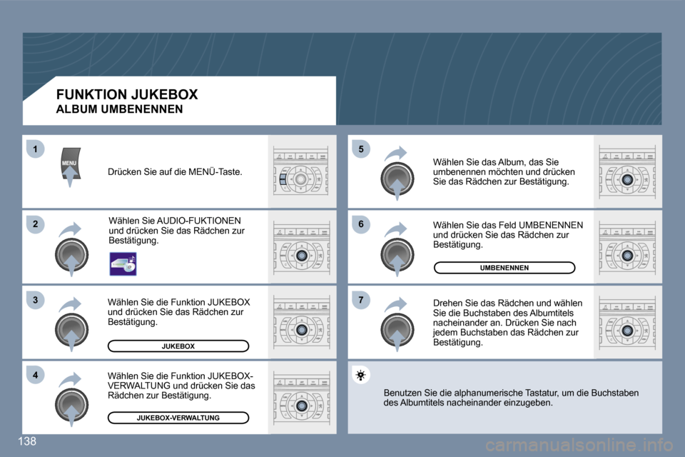 Peugeot 407 C 2007  Betriebsanleitung (in German) �6 
�7
�5�2 
�3
�4
�1
�1�3�8
�J�U�K�E�B�O�X
�U�M�B�E�N�E�N�N�E�N
�J�U�K�E�B�O�X�-�V�E�R�W�A�L�T�U�N�G
�F�U�N�K�T�I�O�N� �J�U�K�E�B�O�X� 
�A�L�B�U�M� �U�M�B�E�N�E�N�N�E�N� 
�D�r�ü�c�k�e�n� �S�i�e� �a�