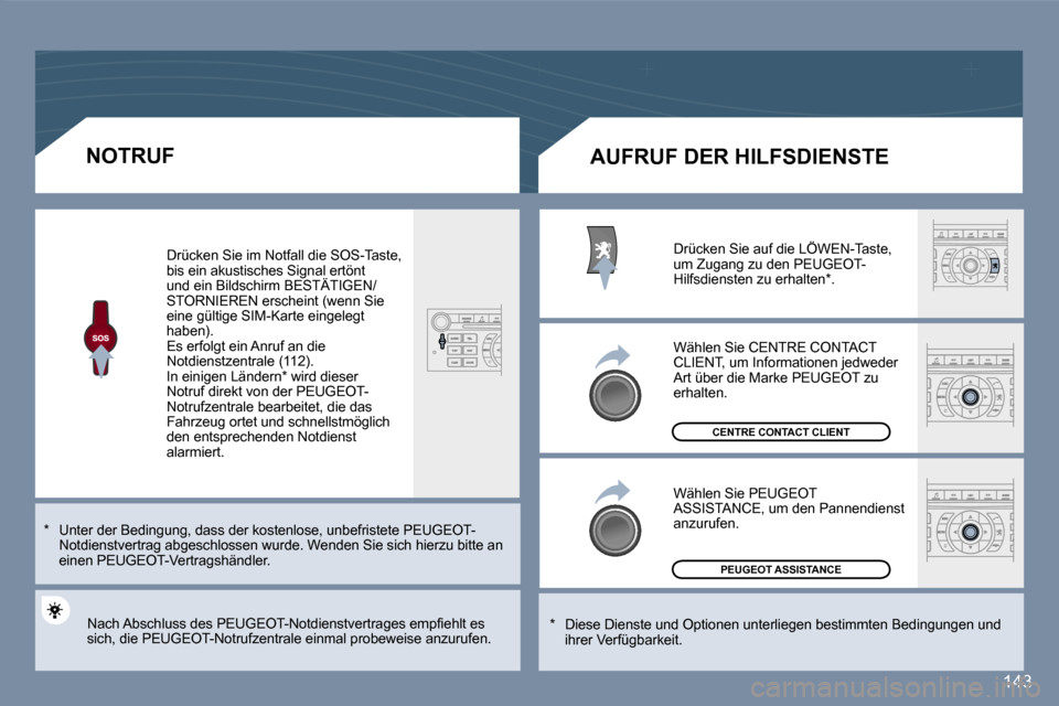 Peugeot 407 C 2007  Betriebsanleitung (in German) �1�4�3
�N�O�T�R�U�F
�*�  �U�n�t�e�r� �d�e�r� �B�e�d�i�n�g�u�n�g�,� �d�a�s�s� �d�e�r� �k�o�s�t�e�n�l�o�s�e�,� �u�n�b�e�f�r�i�s�t�e�t�e� �P�E�U�G�E�O�T�-
�N�o�t�d�i�e�n�s�t�v�e�r�t�r�a�g� �a�b�g�e�s�c�h