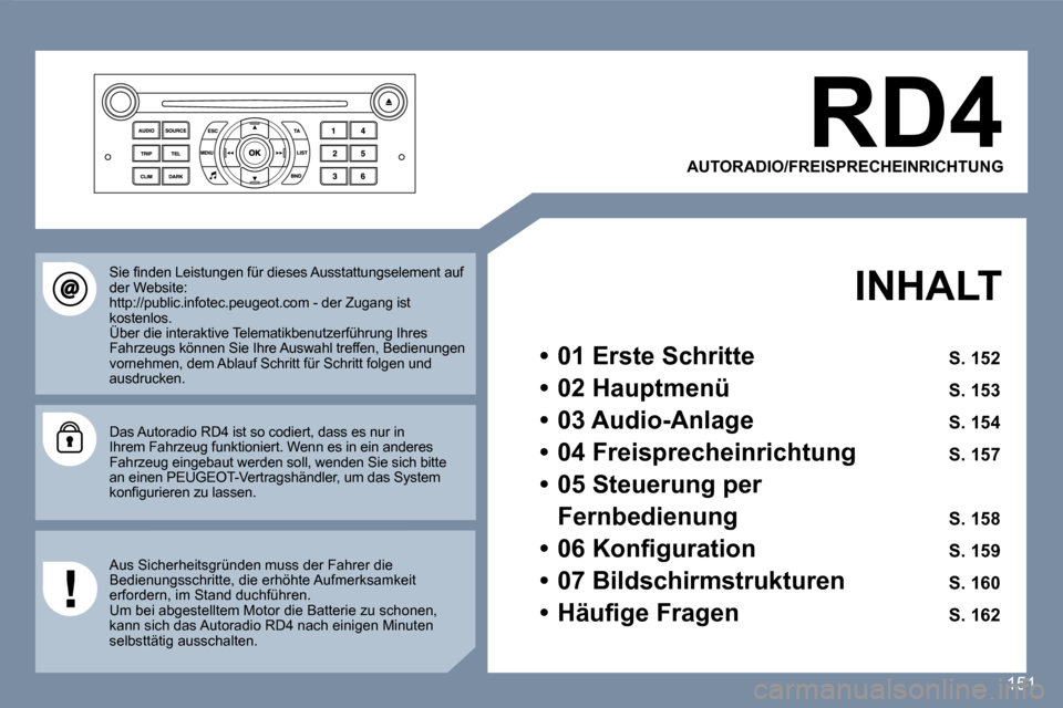 Peugeot 407 C 2007  Betriebsanleitung (in German) �1�5�1
�R�D�4
�A�U�T�O�R�A�D�I�O�/�F�R�E�I�S�P�R�E�C�H�E�I�N�R�I�C�H�T�U�N�G
�I�N�H�A�L�T
�•�  �0�1� �E�r�s�t�e� �S�c�h�r�i�t�t�e�  �S�.� �1�5�2
�•�  �0�2� �H�a�u�p�t�m�e�n�ü�  �S�.� �1�5�3
�•�