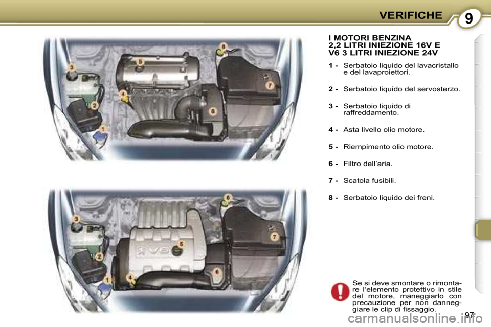 Peugeot 407 C 2007  Manuale del proprietario (in Italian) �9�V�E�R�I�F�I�C�H�E
�9�7
�I� �M�O�T�O�R�I� �B�E�N�Z�I�N�A�  
�2�,�2� �L�I�T�R�I� �I�N�I�E�Z�I�O�N�E� �1�6�V� �E� 
�V�6� �3� �L�I�T�R�I� �I�N�I�E�Z�I�O�N�E� �2�4�V
�1� �- �  �S�e�r�b�a�t�o�i�o� �l�i�q