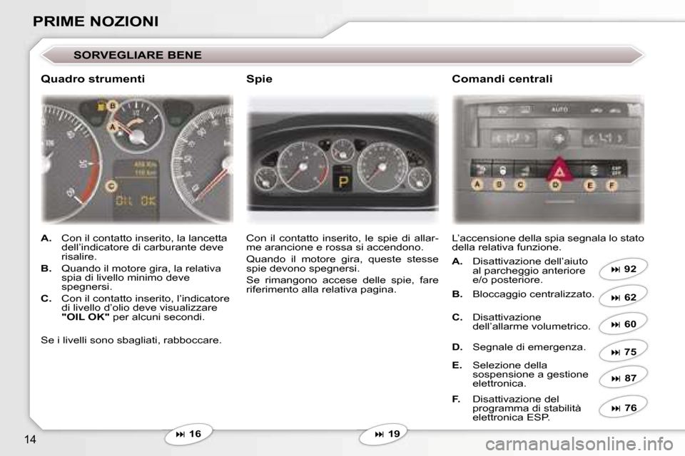 Peugeot 407 C 2007  Manuale del proprietario (in Italian) �1�4
�P�R�I�M�E� �N�O�Z�I�O�N�I
�S�O�R�V�E�G�L�I�A�R�E� �B�E�N�E
�� �1�6 �C�o�n�  �i�l�  �c�o�n�t�a�t�t�o�  �i�n�s�e�r�i�t�o�,�  �l�e�  �s�p�i�e�  �d�i�  �a�l�l�a�r�- 
�m�e� �a�r�a�n�c�i�o�n�e� �e�