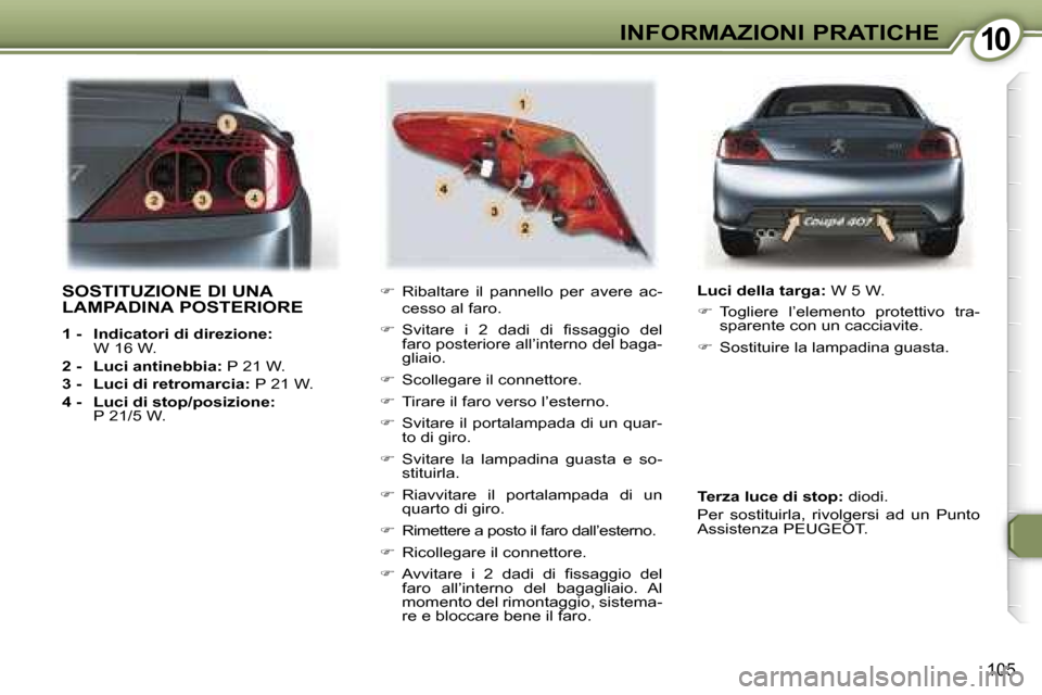 Peugeot 407 C 2007  Manuale del proprietario (in Italian) �1�0�I�N�F�O�R�M�A�Z�I�O�N�I� �P�R�A�T�I�C�H�E
�1�0�5
�S�O�S�T�I�T�U�Z�I�O�N�E� �D�I� �U�N�A�  
�L�A�M�P�A�D�I�N�A� �P�O�S�T�E�R�I�O�R�E
�1� �-�  �I�n�d�i�c�a�t�o�r�i� �d�i� �d�i�r�e�z�i�o�n�e�:� 
�W�
