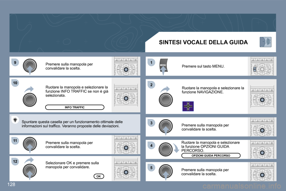 Peugeot 407 C 2007  Manuale del proprietario (in Italian) �9
�1�0
�1�1
�1�2 �1 
�2 
�3 
�4
�5
�1�2�8
�R�u�o�t�a�r�e� �l�a� �m�a�n�o�p�o�l�a� �e� �s�e�l�e�z�i�o�n�a�r�e� �l�a�  
�f�u�n�z�i�o�n�e� �I�N�F�O� �T�R�A�F�F�I�C� �s�e� �n�o�n� �è� �g�i�à� 
�s�e�l�e