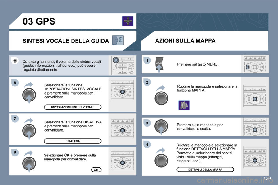 Peugeot 407 C 2007  Manuale del proprietario (in Italian) �6 
�8�1
�2
�3 
�4
�7
�1�2�9
�P�r�e�m�e�r�e� �s�u�l� �t�a�s�t�o� �M�E�N�U�. 
�R�u�o�t�a�r�e� �l�a� �m�a�n�o�p�o�l�a� �e� �s�e�l�e�z�i�o�n�a�r�e� �l�a�  
�f�u�n�z�i�o�n�e� �M�A�P�P�A�.
�P�r�e�m�e�r�e� 
