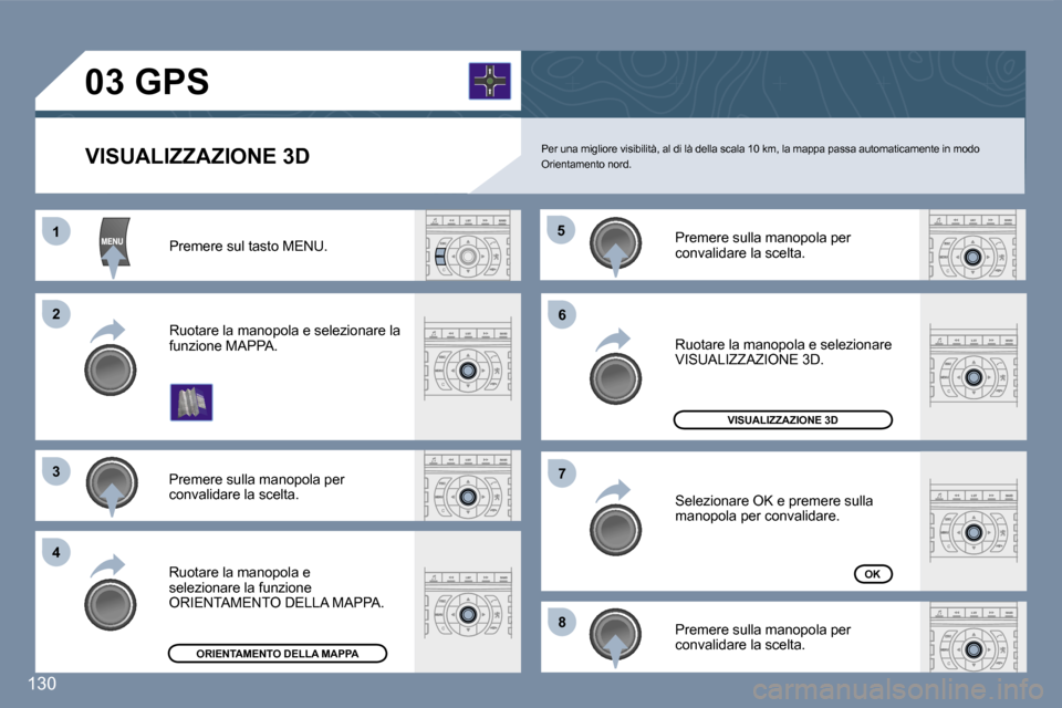 Peugeot 407 C 2007  Manuale del proprietario (in Italian) �1 
�2 
�3 
�4�5
�6 
�7 
�8
�1�3�0
�P�e�r� �u�n�a� �m�i�g�l�i�o�r�e� �v�i�s�i�b�i�l�i�t�à�,� �a�l� �d�i� �l�à� �d�e�l�l�a� �s�c�a�l�a� �1 �0� �k�m�,� �l�a� �m�a�p�p�a� �p�a�s�s�a� �a�u�t�o�m�a�t�i�c