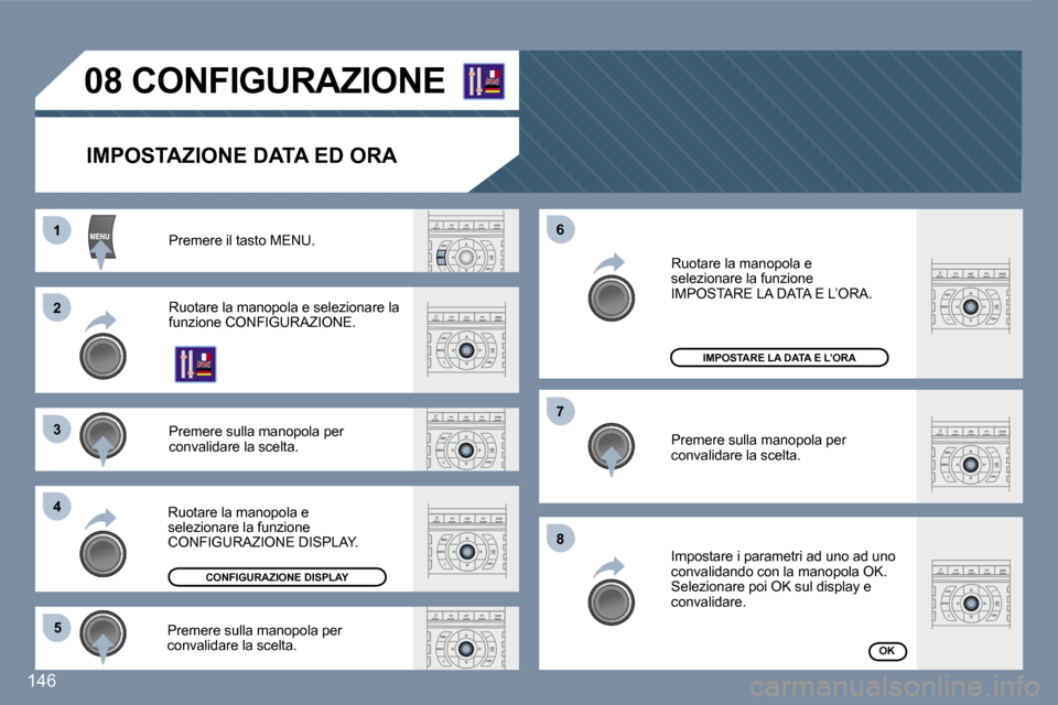 Peugeot 407 C 2007  Manuale del proprietario (in Italian) � 
�1 
�2 
�3 
�4�5 �6 
�7 
�8
�1�4�6
�0�8� �C�O�N�F�I�G�U�R�A�Z�I�O�N�E
�I�M�P�O�S�T�A�Z�I�O�N�E� �D�A�T�A� �E�D� �O�R�A
�P�r�e�m�e�r�e� �i�l� �t�a�s�t�o� �M�E�N�U�. 
�R�u�o�t�a�r�e� �l�a� �m�a�n�o�p