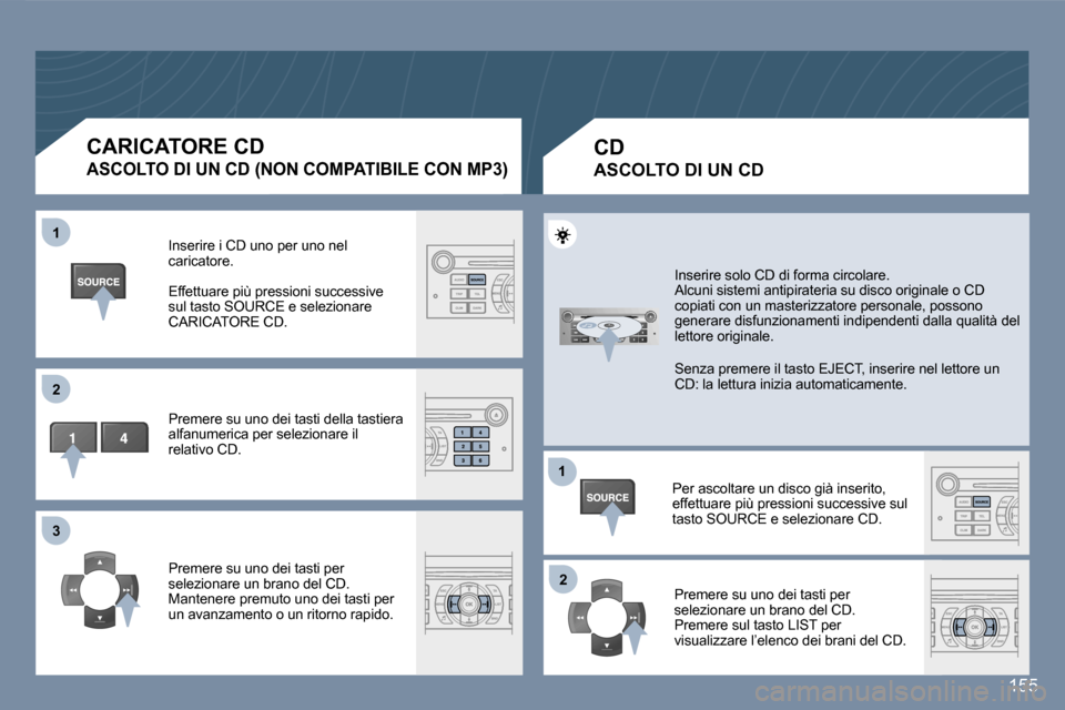 Peugeot 407 C 2007  Manuale del proprietario (in Italian) �1 
�2 
�3
�1�2
�1�5�5
�C�A�R�I�C�A�T�O�R�E� �C�D
�A�S�C�O�L�T�O� �D�I� �U�N� �C�D� �(�N�O�N� �C�O�M�P�A�T�I�B�I�L�E� �C�O�N� �M�P�3�)
�I�n�s�e�r�i�r�e� �i� �C�D� �u�n�o� �p�e�r� �u�n�o� �n�e�l�  
�c�