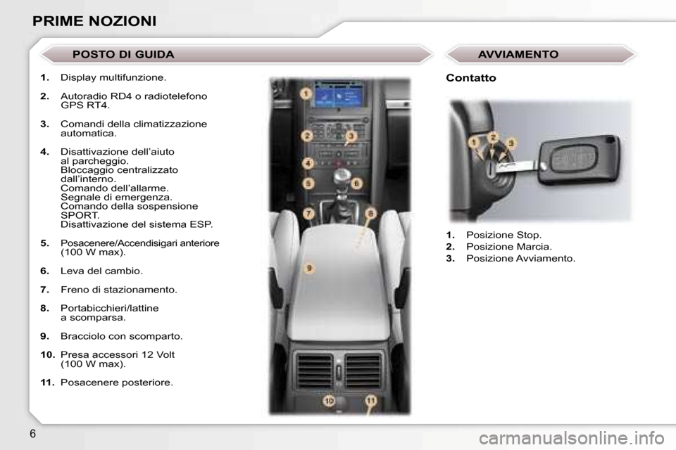 Peugeot 407 C 2007  Manuale del proprietario (in Italian) �6
�1�.�  �D�i�s�p�l�a�y� �m�u�l�t�i�f�u�n�z�i�o�n�e�.
�2�. �  �A�u�t�o�r�a�d�i�o� �R�D�4� �o� �r�a�d�i�o�t�e�l�e�f�o�n�o� 
�G�P�S� �R�T�4�.
�3�. �  �C�o�m�a�n�d�i� �d�e�l�l�a� �c�l�i�m�a�t�i�z�z�a�z�