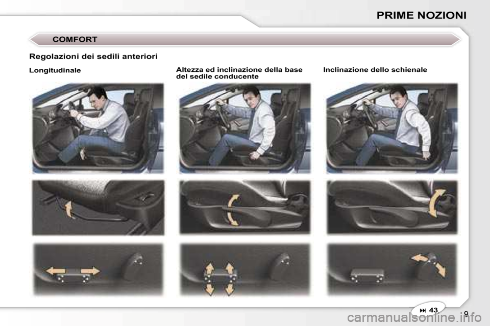 Peugeot 407 C 2007  Manuale del proprietario (in Italian) �9
�P�R�I�M�E� �N�O�Z�I�O�N�I
�A�l�t�e�z�z�a� �e�d� �i�n�c�l�i�n�a�z�i�o�n�e� �d�e�l�l�a� �b�a�s�e�  
�d�e�l� �s�e�d�i�l�e� �c�o�n�d�u�c�e�n�t�e�I�n�c�l�i�n�a�z�i�o�n�e� �d�e�l�l�o� �s�c�h�i�e�n�a�l�e