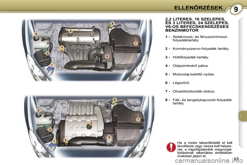 Peugeot 407 C 2007  Kezelési útmutató (in Hungarian) �9�E�L�L�E�N4�R�Z�É�S�E�K
�9�7
�2�,�2� �L�I�T�E�R�E�S�,� �1�6� �S�Z�E�L�E�P�E�S�,�  
�É�S� �3� �L�I�T�E�R�E�S�,� �2�4� �S�Z�E�L�E�P�E�S�,� 
�V�6�-�O�S� �B�E�F�E�C�S�K�E�N�D�E�Z�É�S�E�S� 
�B�E�N�Z�