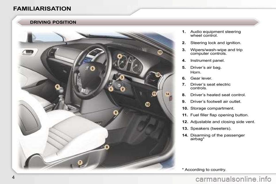 Peugeot 407 C 2006.5  Owners Manual �4
�1�.�  �A�u�d�i�o� �e�q�u�i�p�m�e�n�t� �s�t�e�e�r�i�n�g� 
�w�h�e�e�l� �c�o�n�t�r�o�l�.
�2�. �  �S�t�e�e�r�i�n�g� �l�o�c�k� �a�n�d� �i�g�n�i�t�i�o�n�.
�3�. �  �W�i�p�e�r�s�/�w�a�s�h�-�w�i�p�e� �a�n�