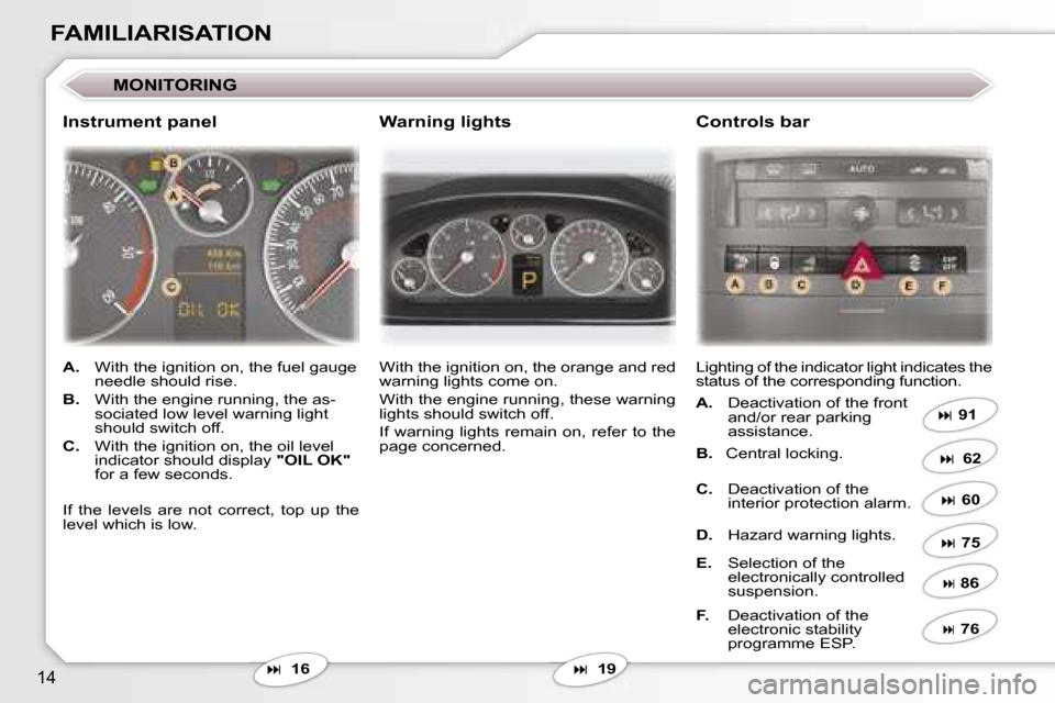 Peugeot 407 C 2006.5 User Guide �1�4
�M�O�N�I�T�O�R�I�N�G
�� �1�6� 
�W�i�t�h� �t�h�e� �i�g�n�i�t�i�o�n� �o�n�,� �t�h�e� �o�r�a�n�g�e� �a�n�d� �r�e�d� �w�a�r�n�i�n�g� �l�i�g�h�t�s� �c�o�m�e� �o�n�.
�W�i�t�h� �t�h�e� �e�n�g�i�n�e� 