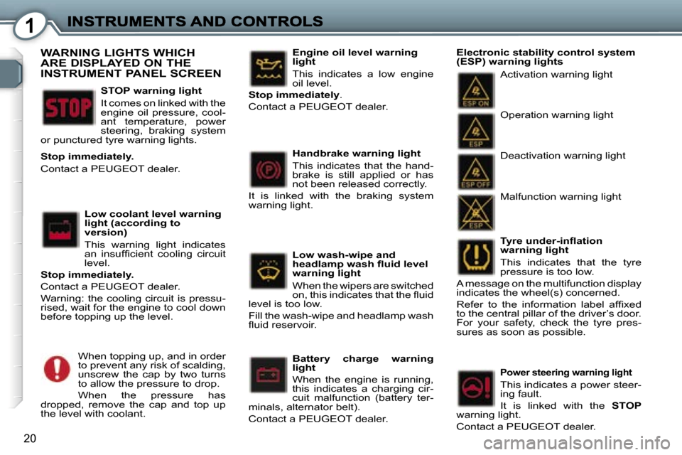 Peugeot 407 C 2006.5 User Guide �1
�2�0
�T�y�r�e� �u�n�d�e�r�-�i�n�ﬂ�a�t�i�o�n� �w�a�r�n�i�n�g� �l�i�g�h�t
�T�h�i�s�  �i�n�d�i�c�a�t�e�s�  �t�h�a�t�  �t�h�e�  �t�y�r�e� �p�r�e�s�s�u�r�e� �i�s� �t�o�o� �l�o�w�.
�A� �m�e�s�s�a�g�e� 